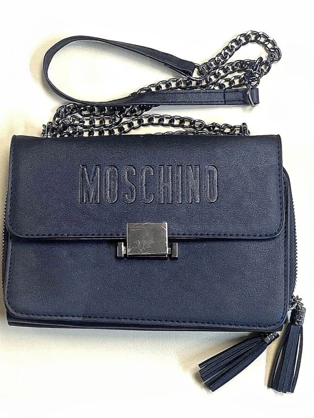 Moschino Black Crossbody Wallet Chain Tassel Faux Leather Bag